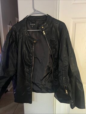 Baccini Black Faux Leather Moto Jacket with Gold Hardware
